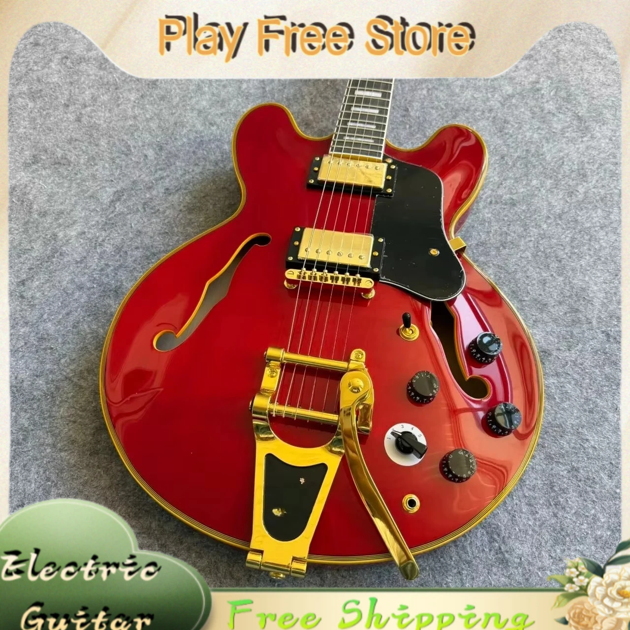 ES355 Semi-Hollow E-Gitarre HH Alnico5 Doppelspule Weinrot Goldene Bindung F-Loch Jazz-Gitarre für Aufnahmen Kostenloser Versand