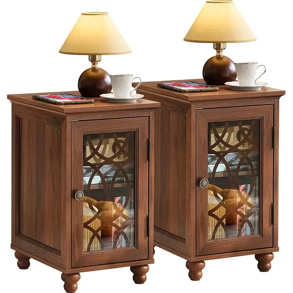 

Narrow Side Table Set o 2 with Glass Door, 18 x 14'' Night Stand with Adjustable Shel Storage Cabinet Organizer, Bede End Tables
