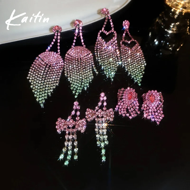 Kakma Rhinestone Aşk Yelpaze şeklinde Yay Degrade Püskül Küpe Kadınlar için Abartılı Damla Küpe Kişiselleştirilmiş Dazzle Takı