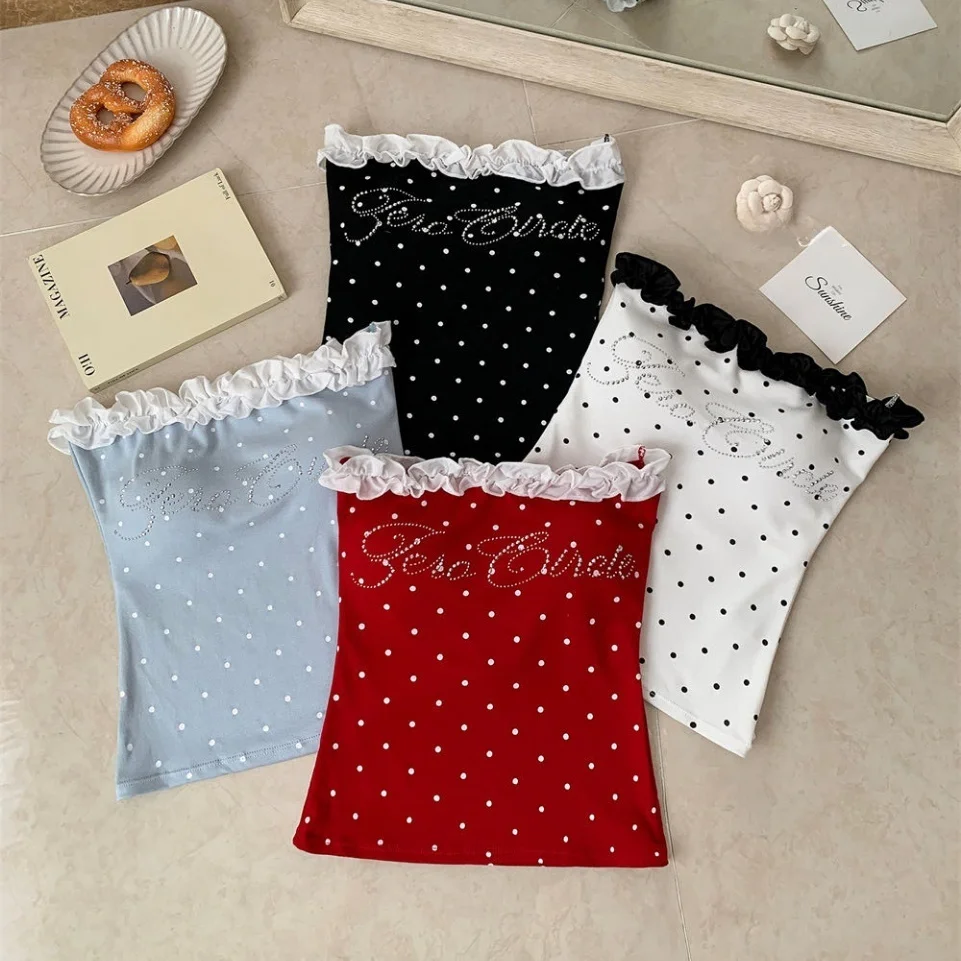 Summer New Pure Desire Lace Polka Dot Rhinestone Letter Strapless Slimming Women's Fixed Strap Chest Pad Versatile Princess S...