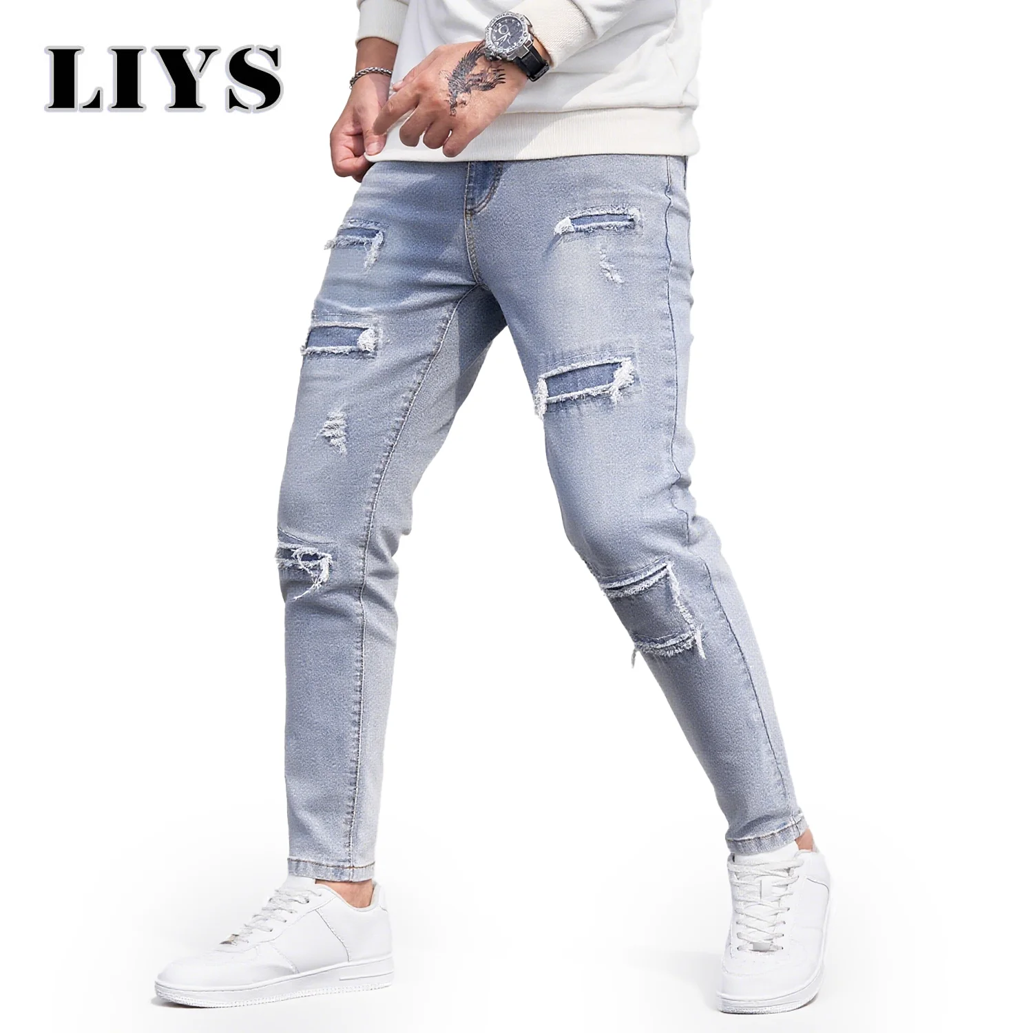 

Весенне-осенние мужские облегающие конические джинсы с эластичными дырками, мужские повседневные деловые повседневные синие брюки-карандаш, джинсы-бойфренды скинни