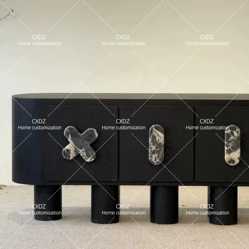 Medieval Style Black Solid Wood Dining Side Cabinet Retro Entrance Storage Locker for Home Model Room Furniture