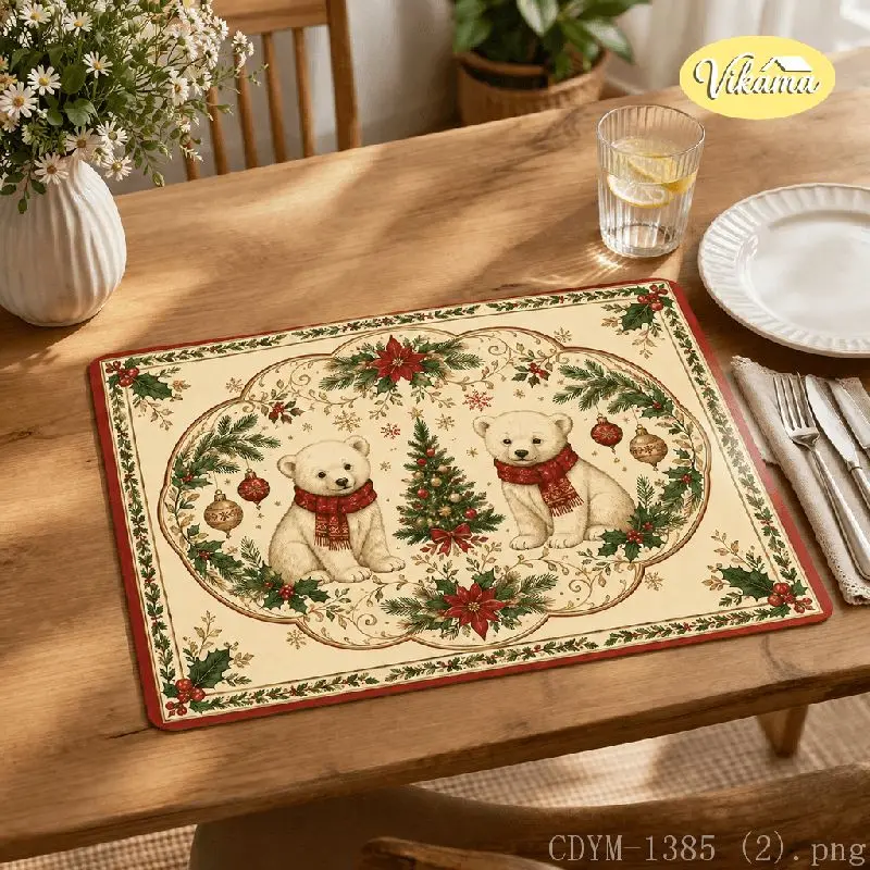 VIKAMA Christmas Polar Bear Vintage Truck Placemat Tree Table Mat Dining Kitchen Holiday Home Decor Aesthetic Art Large Premium