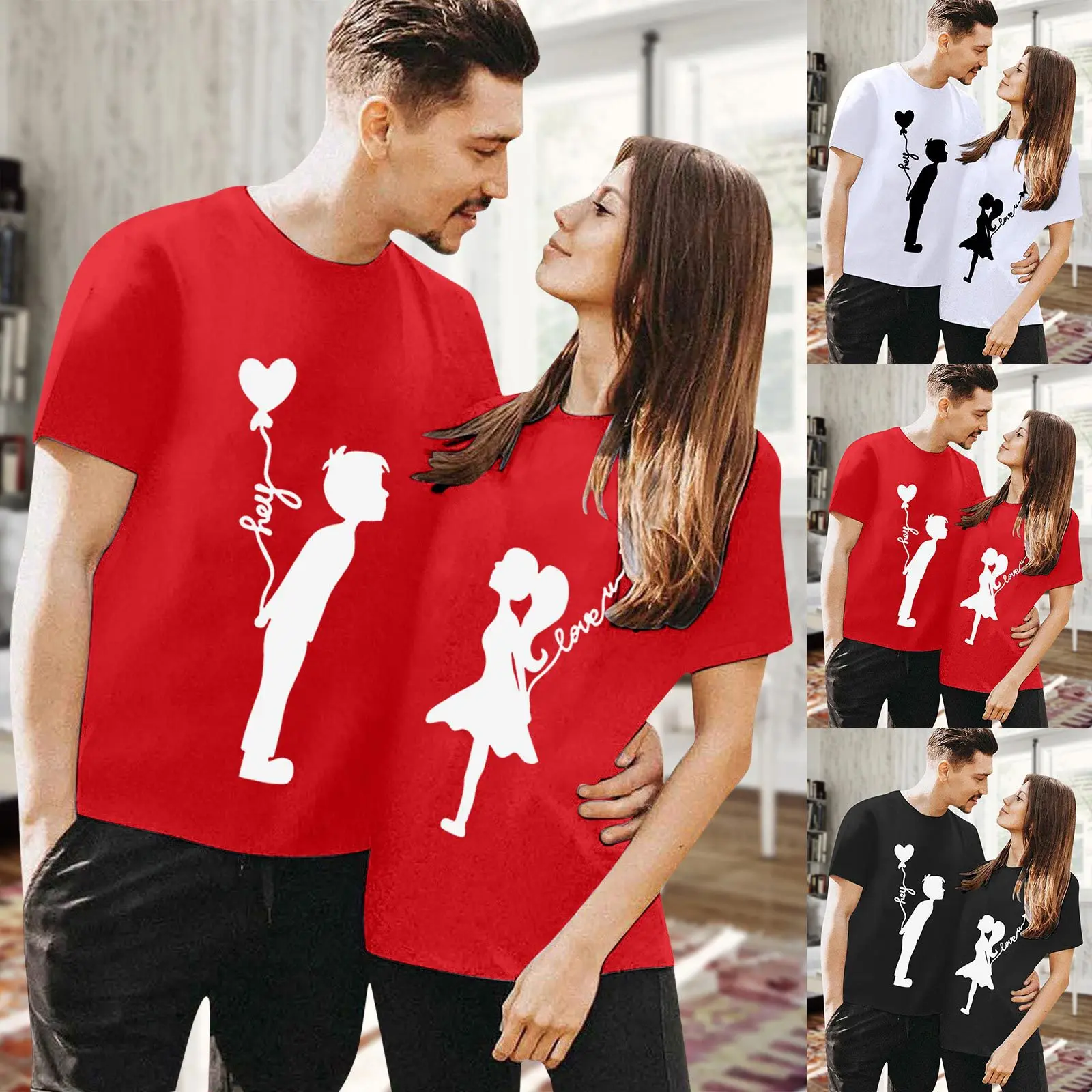 Cotton 100%  Valentine's Day T-shirts for Couples, Short-sleeved, Versatile, Round-neck, Cute Printed Designs for Both Men Women