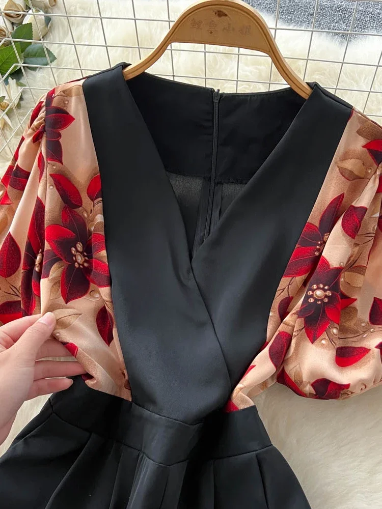 Verão feminino com decote em v manga bolha macacão de cintura alta nova moda praia férias temperamento casual calças largas perna c310