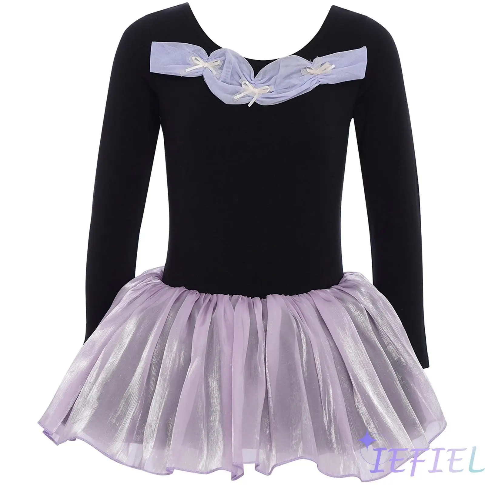 

Kids Girls Cute Bowknots Ruched Figure Skating Dresses Long Sleeve Tulle Tutu Dance Dress for Gymnastics Ballet Lyrical Dance