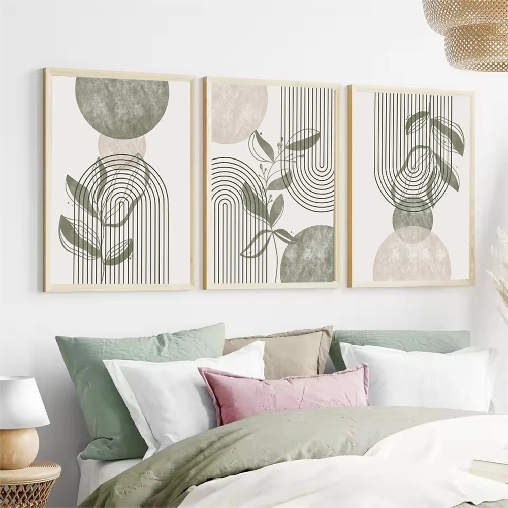 

Abstract Sage Green Line Wall Art Modern Geometric Canvas Painting Boho Plant Leaf Poster Nordic Wall Pictures Living Room Decor