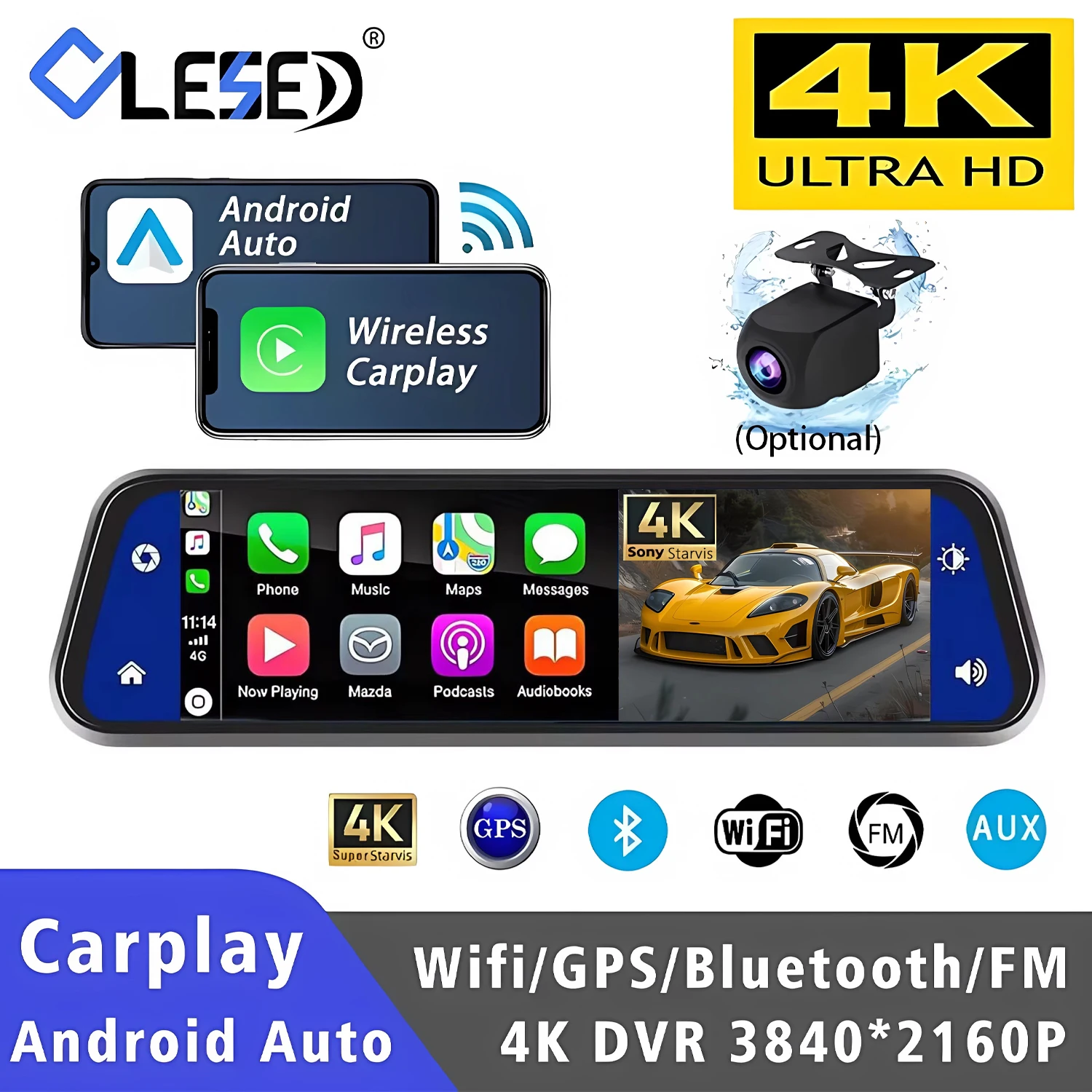 

10-дюймовый видеорегистратор 4K 3840*2160P с Carplay, Android Auto, GPS, 5G Wi-Fi, AUX, потоковой передачей, зеркалом заднего вида и камерой заднего вида