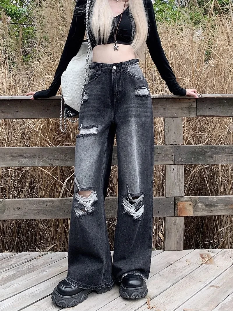 

Black Grey High Waist Women Hole Ripped Jeans Spring Summer American Vintage Wide Leg Denim Pants Casual Trousers Street wear