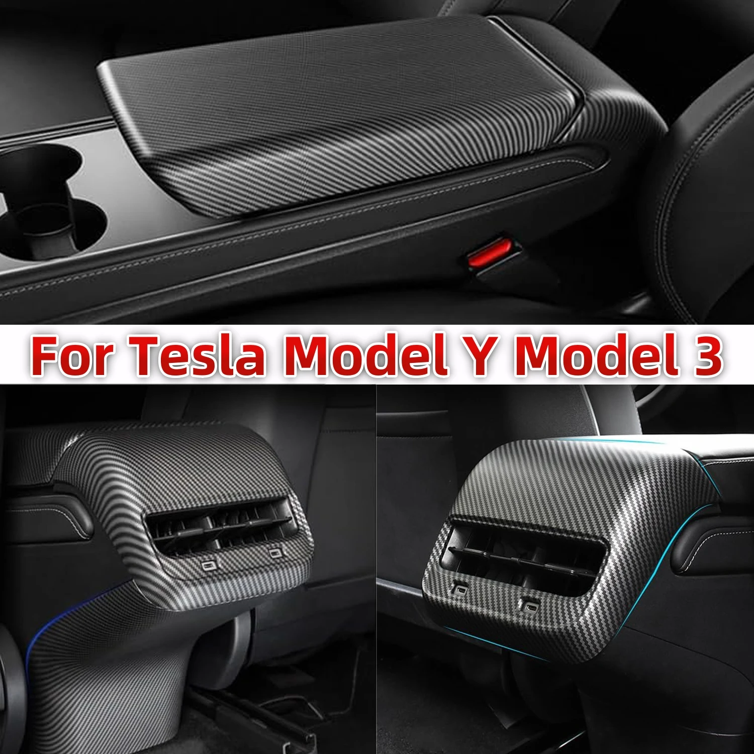 For Tesla Model Y 2017-2024 Model 3 2017-2023 Center Console Armrest Cover, Rear Air Condition Vent Cover & Rear Anti Kick Cover 