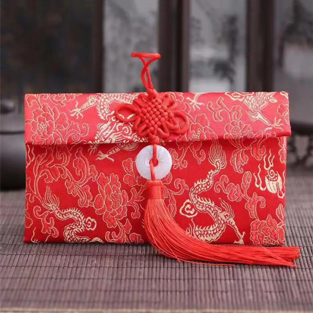 Envelope vermelho de seda falsa com fivela de nó chinês, envelope para casamento chinês, festival da primavera