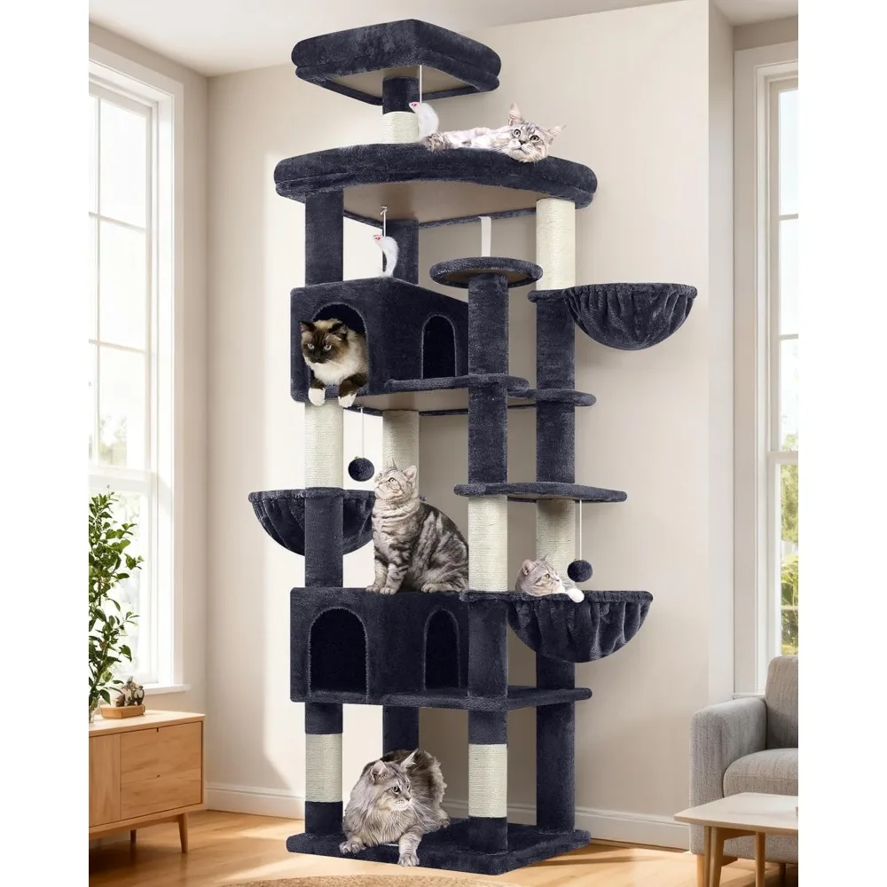 

82in Tall Heavy Duty Cat Tree for Indoor Cats Large with 8 Scratching Posts, 2 Cat Condos, 2 Padded Perches, 3 Hanging Baskets,