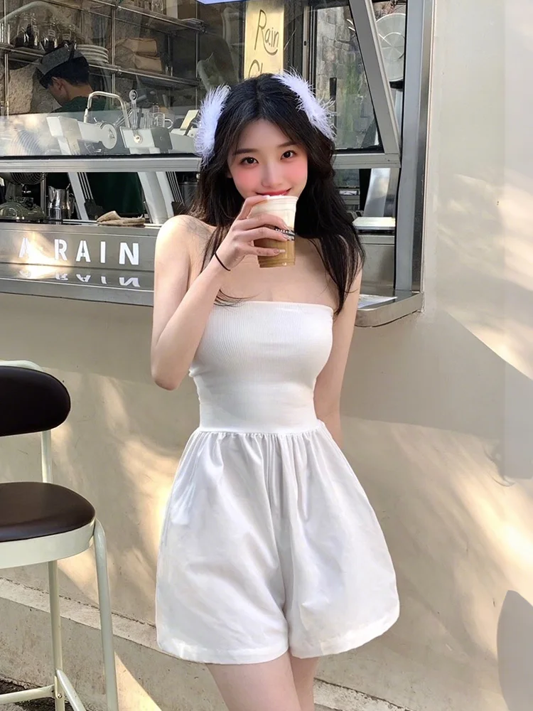 Sexy Bla Bandeau One-Piece Pantsuit High Waist Slimming Waist Design ort Pants Commute Sle Polyester Fabric