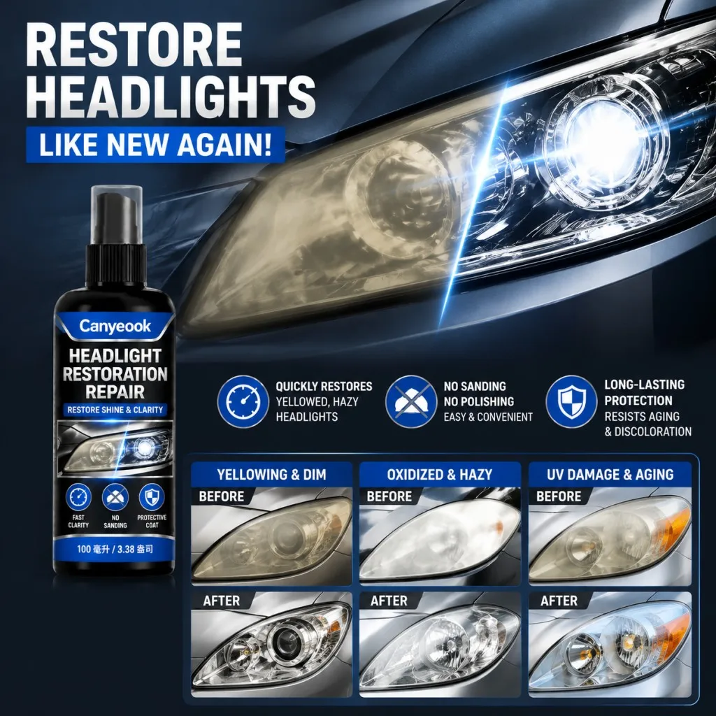 CANYEOOK Headlight Renew Spray - Easy Application, Removes Oxidation & Yellowing, Restores Crystal Clear Visibility 100ml