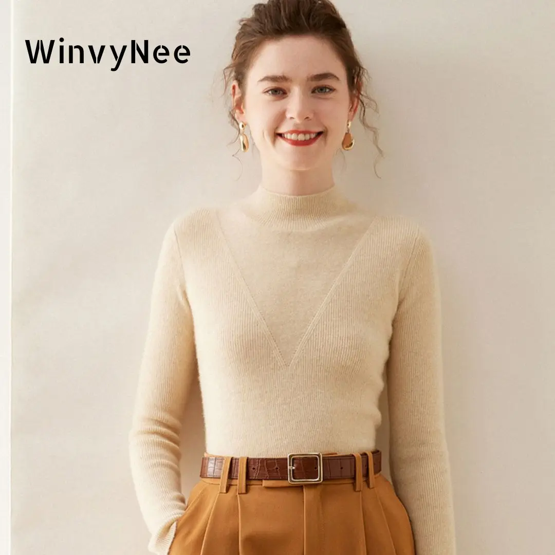 WinvyNee Women\'s Knitted Cashmere Sweaters Merino Wool Mock Neck Slim Fit Solid Pullover Stretch Jumpers Tops Autumn A1054012