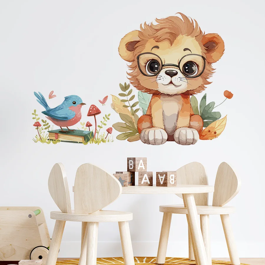 Watercolor Safari Lion Bird Wall Sticker Cartoon Cute Animals Decals Self-adhesive for Kids Room Baby Bedroom Nursery Decoration