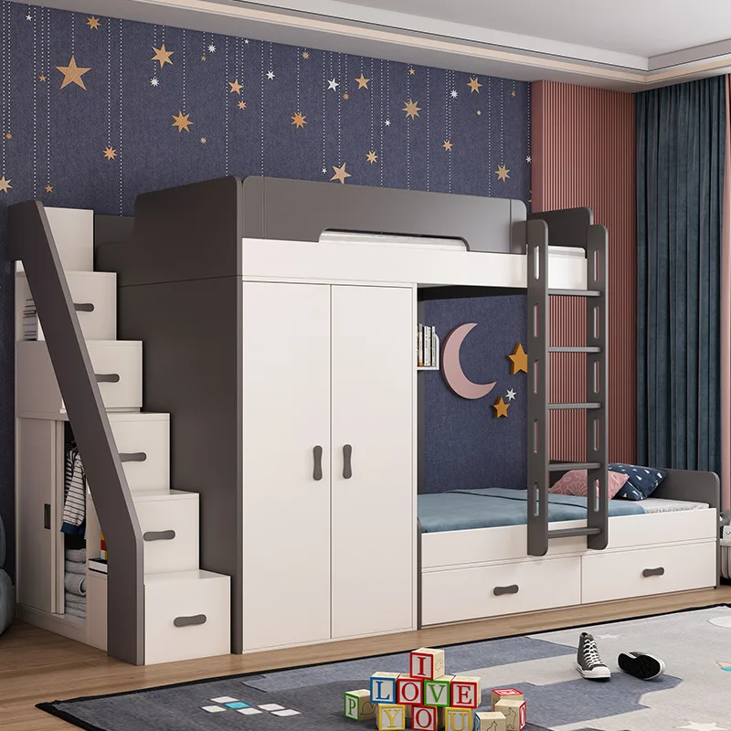 Children's bed staggered high and low bed with desk small apartment parallel upper and lower bed with wardrobe dislocation bunk