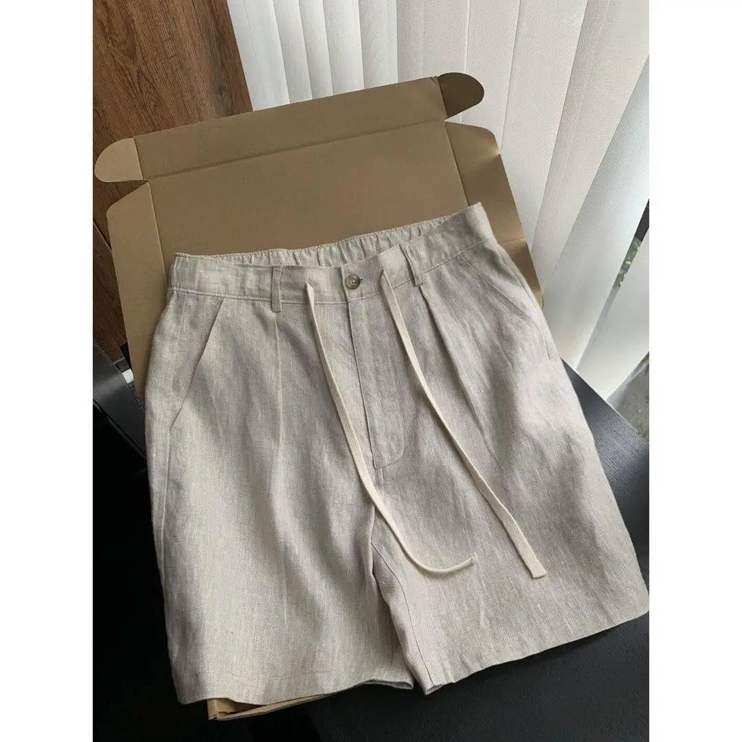 

Summer Large Size Linen Shorts Men's Drawstring Straight Leg Loose Casual Five-Quarter Length Trousers for Men