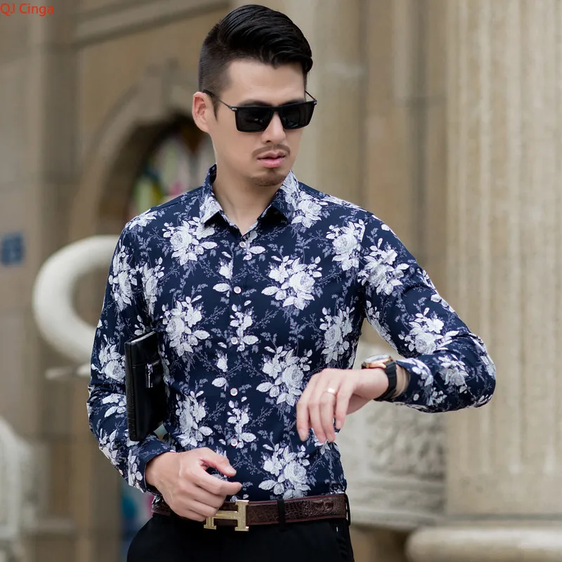 

Spring New Men's White Long-Sleeve Printed Cotton Shirt, Blue Single-Button Collar Stretch Shirts, Asian Sizes M-5XL, 6XL, 7XL.
