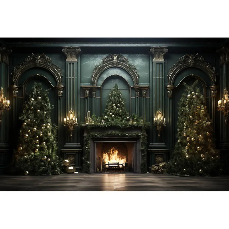 Green Fireplace Backdrop for Christmas Children Adult Portrait Photo Photography Xtmas Tree Decoration Banner Studio Backgrounds