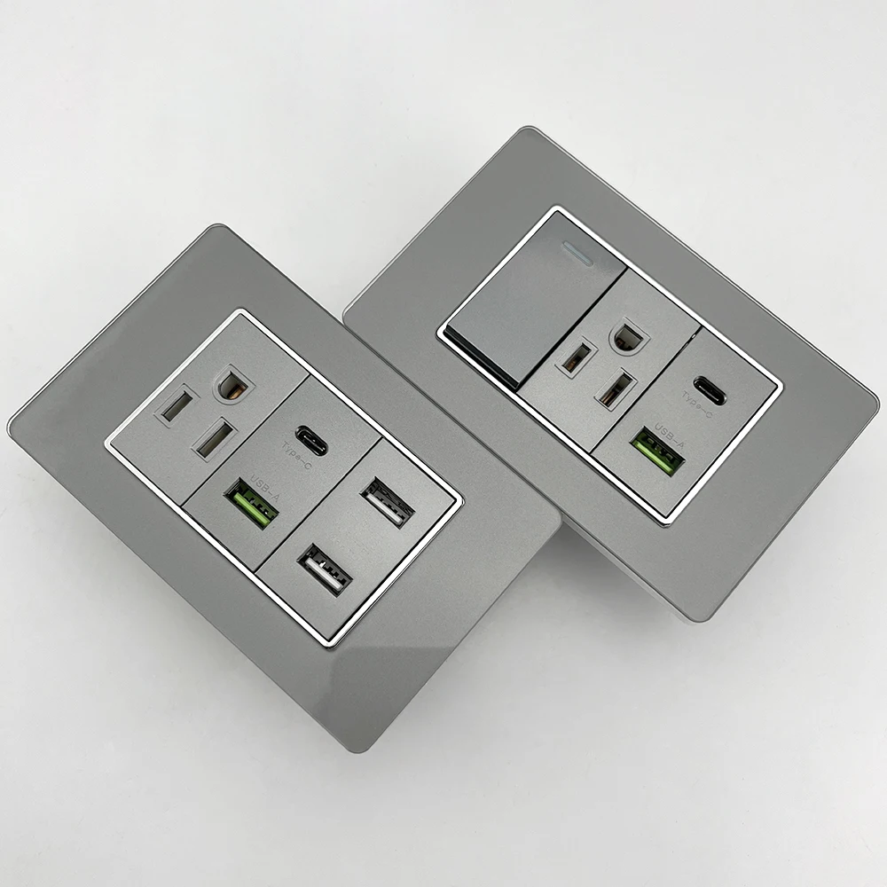 Grey Tempered Glass American USB Type-C 20W Smart Fast Charging Wall Socket Plug,Mexico Thai Dual usb Power Outlet Light Switch