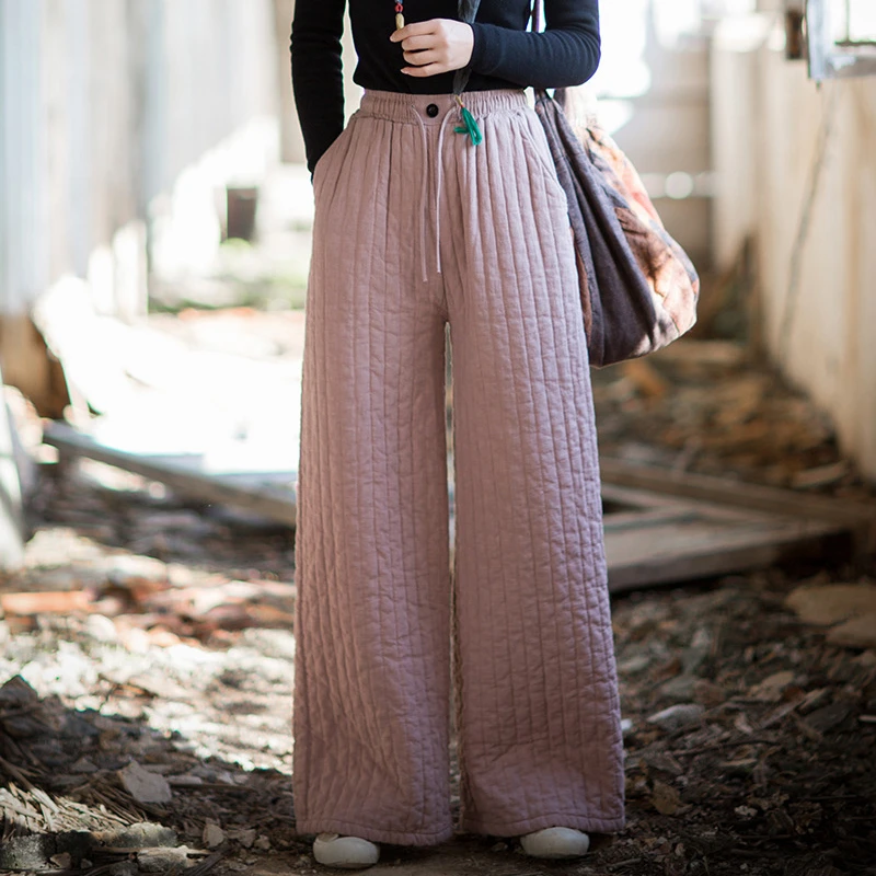 Épais chaud coton lin pantalons décontractés femmes nouveauté 2025 hiver Style Vintage couleur unie ample femme jambe large pantalon M2079