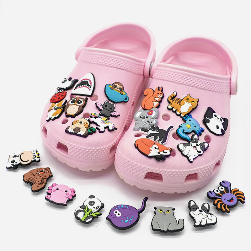 1/25pcs Cute Animals Shoe Charms DIY Women Girls Dog Fox Owl Cat Panda Bat Beer Shoe Accessories Salamander Shark Pin Clog