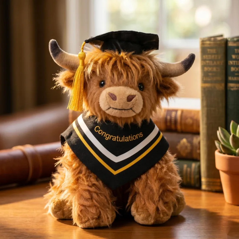 

Highland Cow Plush With Hat Realistic Scottish Long Hair Stuffed Animal For Home Display Table Decor Cozy Gift For Kids Teens