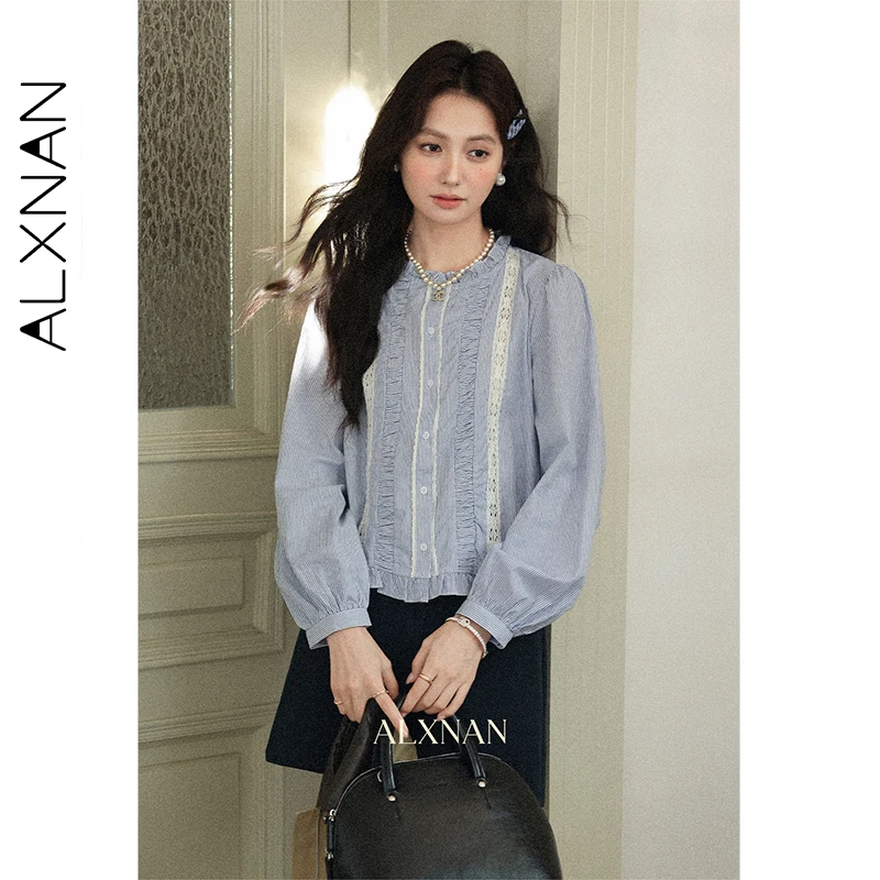 ALXNAN White Shirt Women 2025 Fall Wood Ear Long Sleeve Cotton 100% Blouses Casual Elegant Office Lady Tops Female L57238
