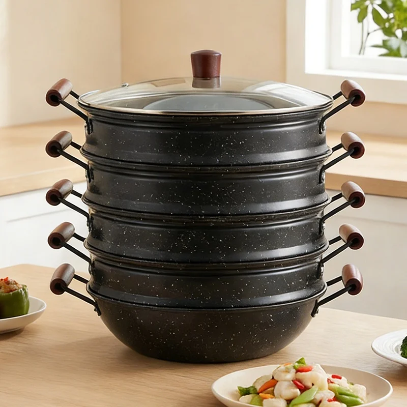 Kitchen carbon steel pot large steamer with wooden handle and glass lid