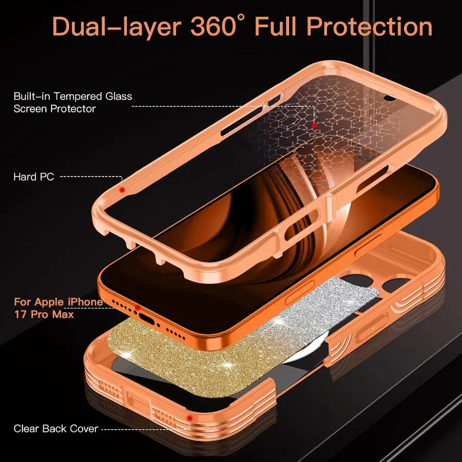 Orange Full Body Shockproof Protective Case for iPhone 17 Pro Max with Built-in Tempered Glass Screen Protector and Camera Lens