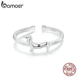 BAMOER 925 Sterling Silver Cute Dachshund Ring for Women, Lovely Pet Dog Open Ring Statement Ring Jewelry Gift for Pet Lover