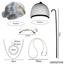 PESENAR Grandma Cosplay wig set Grandma Costume Hat Glasses Glasses Retainer Chain Pearl necklace Halloween party wig