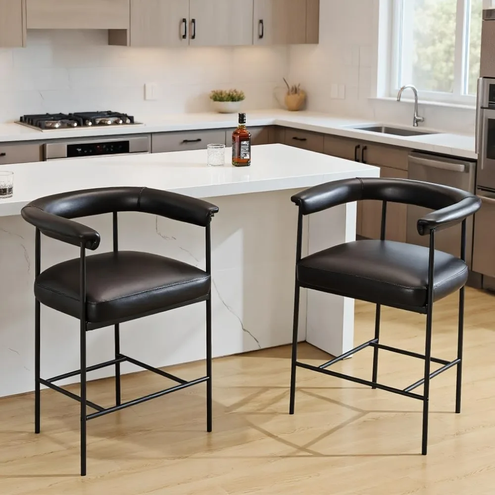 

PU Leather Counter Stools Set of 2, Upholstered 26 Seat Height Low Bar Stools with Black Metal Legs Open Back Kitchen