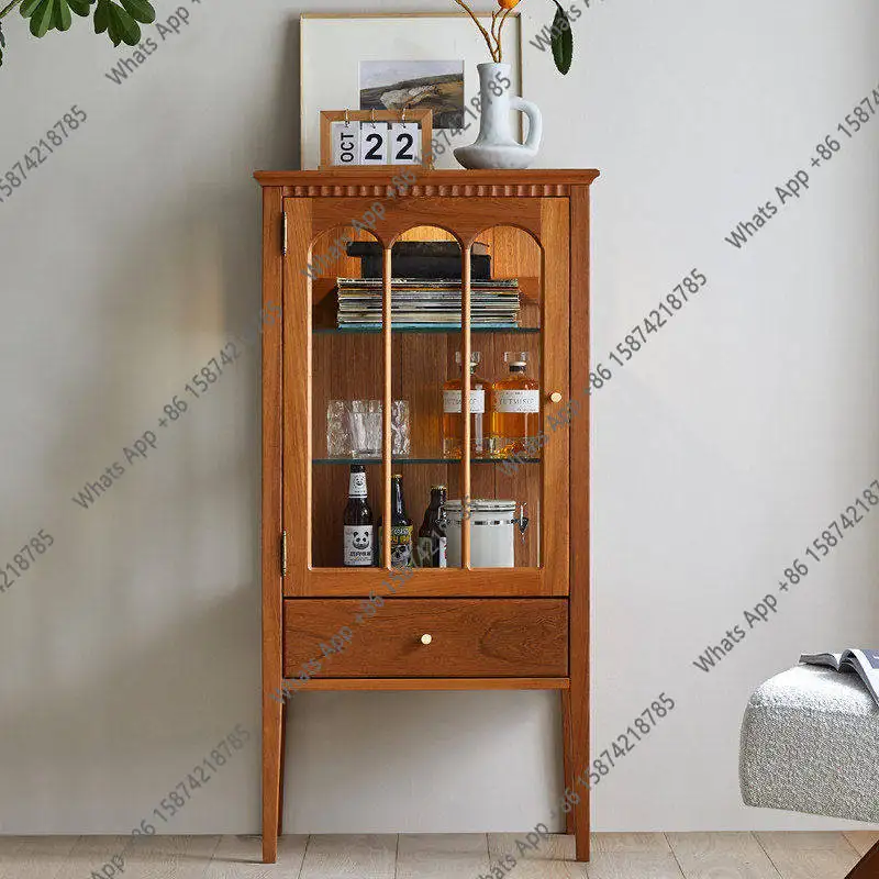 Nordic medieval glass display cabinet French retro wine cabinet Myanmar old teak cup and saucer tea set display cabinet
