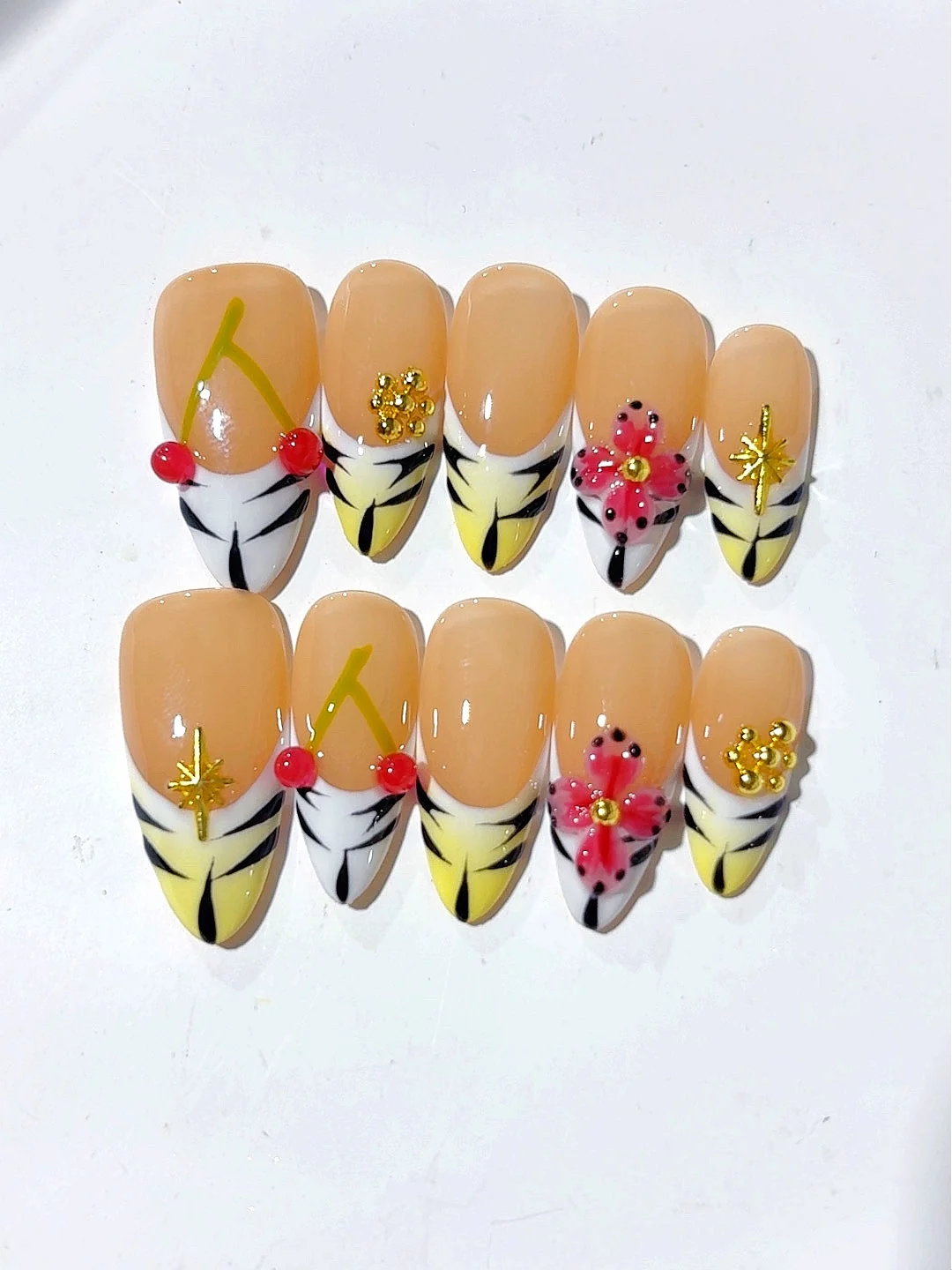 

French Stereo Cherry Flower Manicure Art Medium Almond Style Fake Nails (D336)