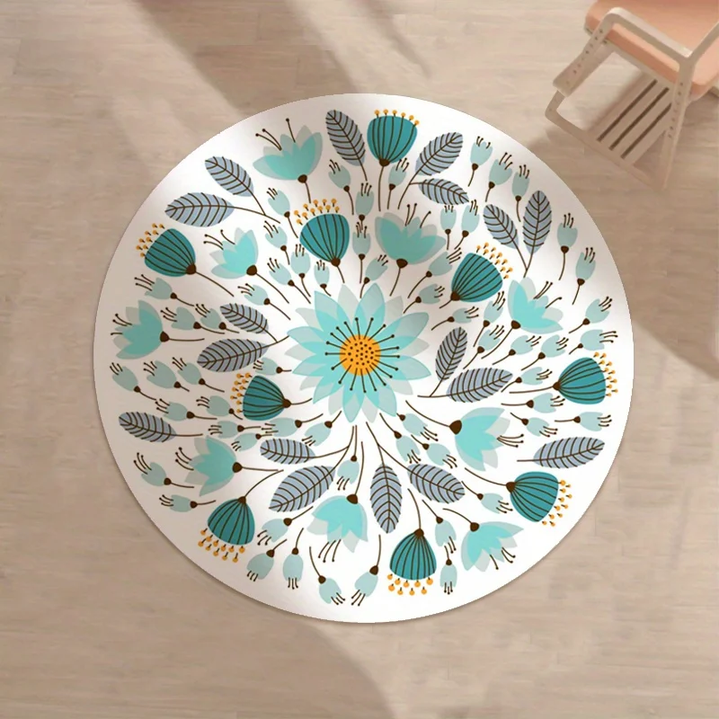 Floral Leaf Round Rug, Crystal Velvet Washable Mat, Soft Polyester Non-Slip Floor Carpet for Living Room Decor