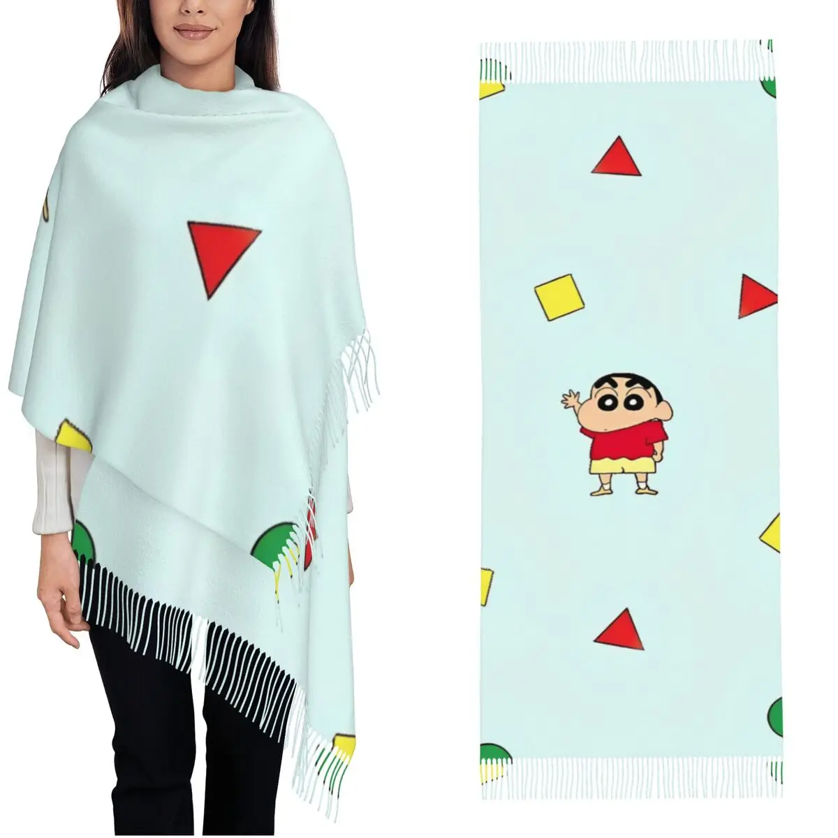 Women's Tassel Scarf Crayon Shin-chan Cute Bedgown Large Super Soft Shawl and Wrap Japanese Anime Gifts Cashmere Scarf