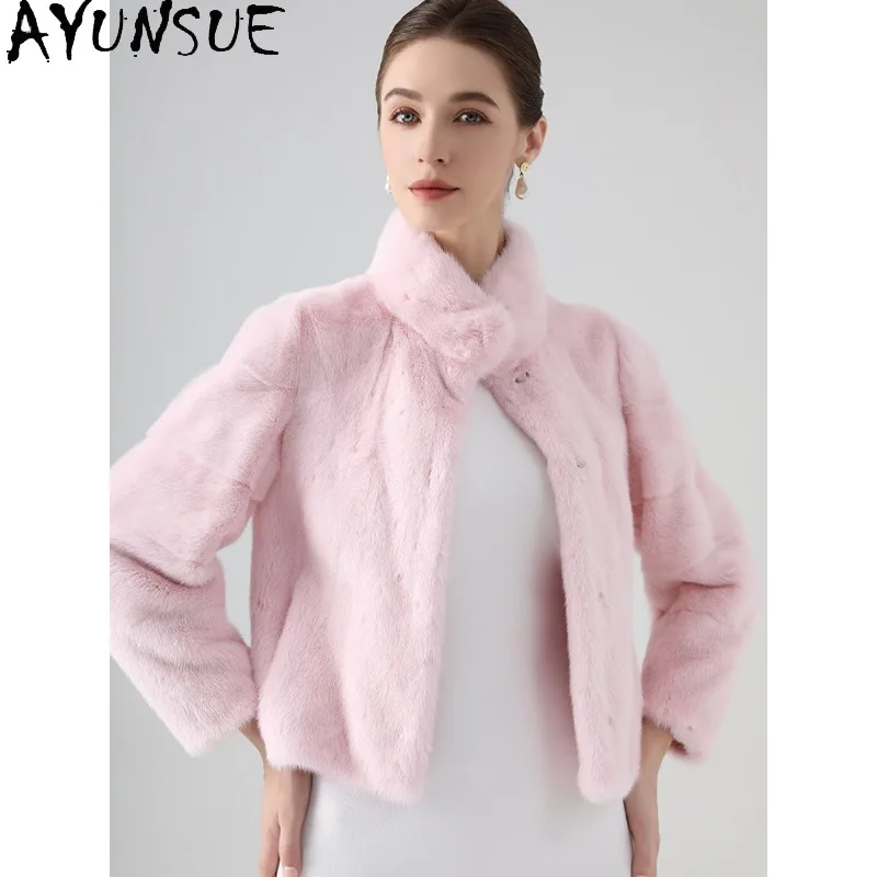AYUNSUE معاطف الفرو الحقيقي للمرأة جواكت شتوية فاخرة امرأة الوردي ملابس خارجية معطف المنك كله ملابس امرأة Fourrures فام