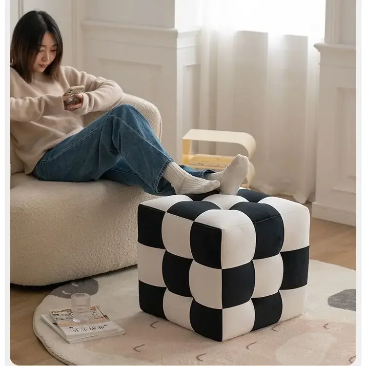 

Makeup Stool Nordic Living Room Black and White Checkerboard Sofa Pouf Simple Home Shoe Changing Stool Stools Chair Ottoman Ins