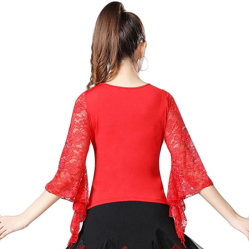 Verão novo feminino valsa ballroom dance topos moderno padrão tango latin dancewear festa desempenho blusas rendas sino manga