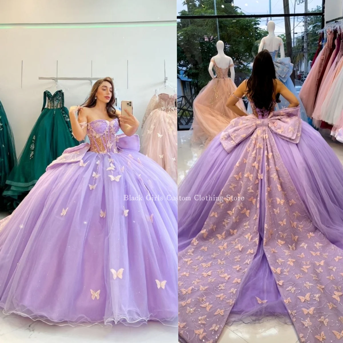 Lavender Lilac Purple Ball Gowns Quinceanera Dress Dreamy Butterfly Strapless Boned See Through Corset vestidos para festas