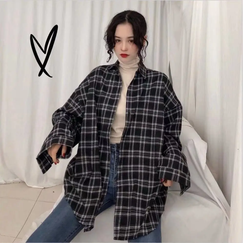 Shirts Women Long Sleeve Oversize Plaid Loose Shirt Students Vintage All-match Japanese Style Harajuku Blouses Casual Elegant