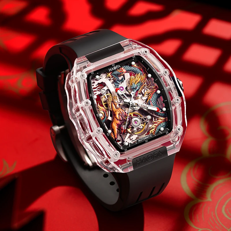 Haofa Mens Wristwatch 3D Longma Automatic Mechanical Skeleton Transparent Crystal Chinese Style High Quality Luxury Watches 2323