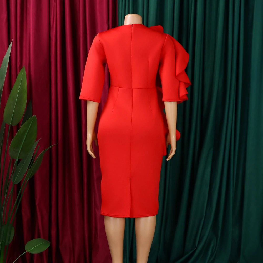 Neueste trendige Design Frühling Kleider Frauen Casual Dame elegante O-Ausschnitt 3-Viertel-Ärmel Rüschen afrikanisches Kleid für Frauen Kleidung – Detail 6
