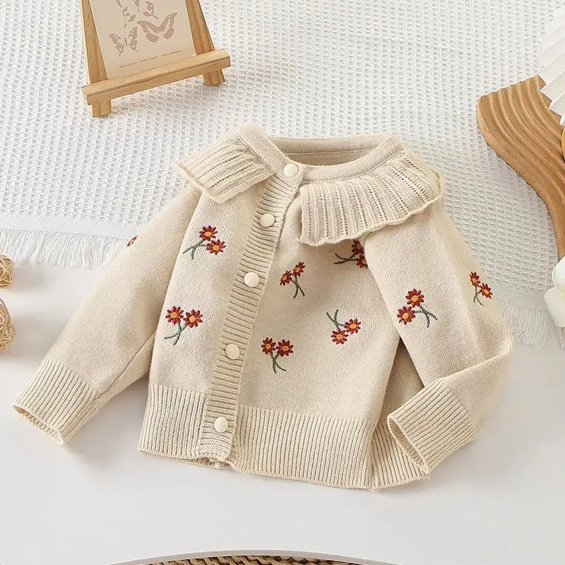 

Cute Girls Autumn Winter Coats Baby Sweaters Cardigans Embroidered Flower Knitted Coats Children's Clothing Fashion Warm Tops