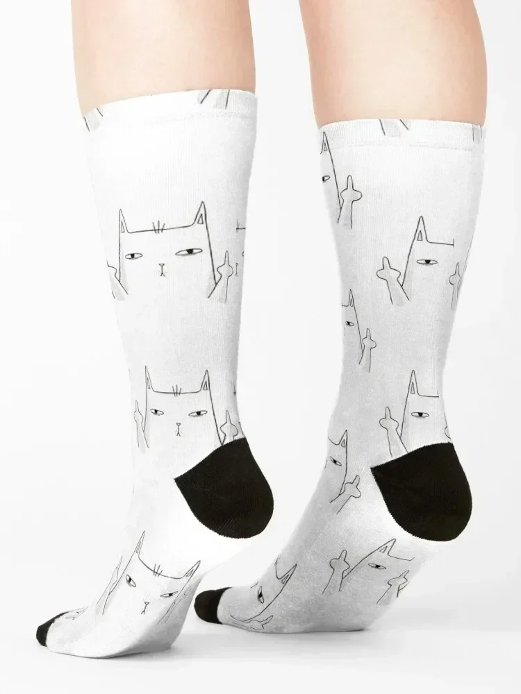 Middle Finger Cat White Socks heated Run anti-slip hockey Socks Female Men's