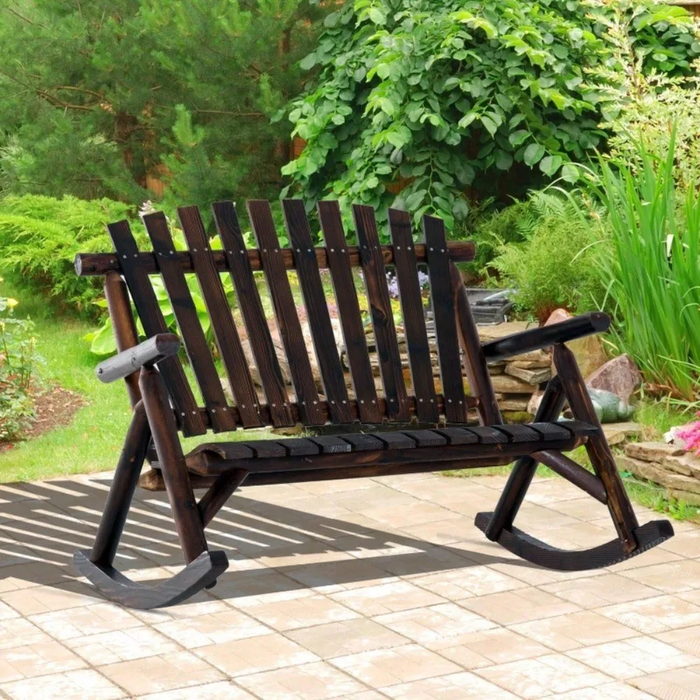 Outdoor Wooden Rocking Chair Double-Person Rustic Rocker with Slatted Seat