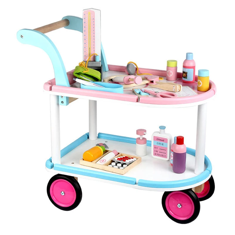 Juego de simulación, juego médico de madera realista multifuncional, Kit de carrito de médico, juguetes para niños, niñas, niños y niños pequeños