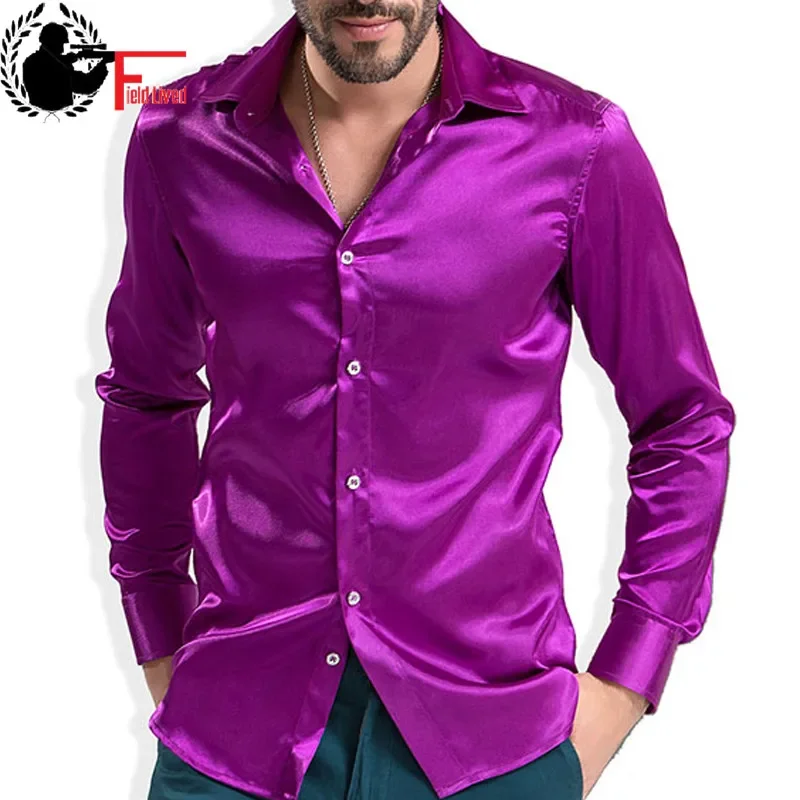 2024 Fashion Shiny Satin British Style Dress Shirt Luxury Ice Silk Long Sleeve Mens Casual Shirt Performance Clothing Wear Male